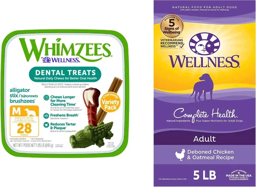 WHIMZEES by Wellness Dental Treats + paquete de alimentos secos para perros: masticables sin granos de larga duración, tamaño mediano, 28 unidades +