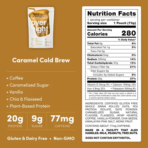 Miniatura 2 de Oats Overnight - Caramel Cold Brew - Vegano, 0.71 oz de proteína, batido de desayuno alto en fibra, 65 mg de cafeína, sin gluten, avena sin OMG