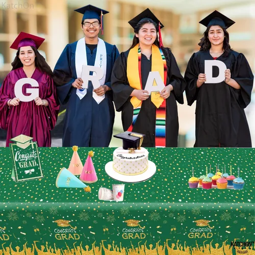 Miniatura 2 de KatchOn, Mantel de graduación verde y dorado, extra grande de 108 x 54 pulgadas, paquete de 3 unidades, mantel de graduación de felicitaciones