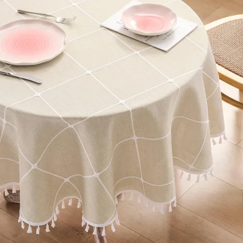 Miniatura 104 de ZeeMart - Mantel de mesa con diseño de cuadrícula boho y borlas (blanco roto, 132 cm x 132 cm), mantel de gran peso de lino a cuadros bordado