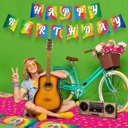 Miniatura 5 de 172 piezas de suministros para fiesta de cumpleaños de teñido anudado sirven para 24 personas y 60 años 60, decoración de fiesta temática hippie