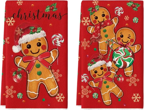 Miniatura 8 de Artoid Mode Juego de 2 toallas de cocina de Navidad con caramelo de jengibre, 18 x 26 pulgadas, bola de Navidad, decoración de invierno, toallas