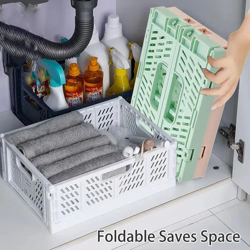 Miniatura 5 de Paquete de 3 cestas de almacenamiento de plástico grandes para organización de estantes, contenedores plegables para organizador de escritorio