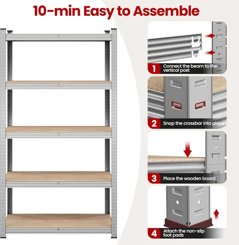 Miniatura 7 de Yaheetech Estantes de almacenamiento, estantería de metal ajustable resistente de 5 niveles, estante industrial para garaje, almacén, despensa, Plata