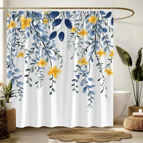 Cortina de ducha con diseño de hojas florales, eucalipto azul, acuarela, plantas naturales, botánicas, bohemias, tela fresca, rústica, decoración de