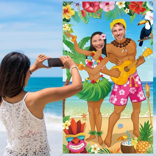 Miniatura 6 de Capoda Decoraciones de fiesta hawaiana Luau Pareja Photo Prop Hawaiian Photo Background Fondo Tropical Beach Prop Pareja Puerta Banner para Verano