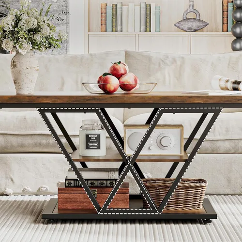 Miniatura 5 de Espelism Mesa de centro industrial con almacenamiento de 3 niveles para sala de estar, mesa rectangular de madera para cóctel, mesa de té rústica