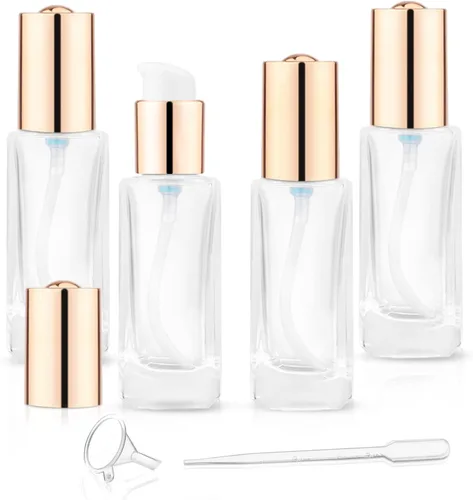 Paquete de 4 botellas de bomba de vidrio transparente de 1.0 fl oz/1 oz, recipiente cuadrado vacío para base de loción, dispensador de cosméticos