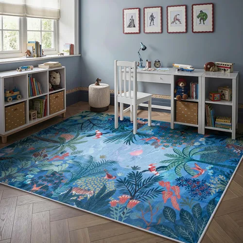 Miniatura 2 de LIVEBOX Alfombra lavable con estampado de animales de la jungla de 5 x 7 pies en azul para sala de estar, alfombras antideslizantes para dormitorio