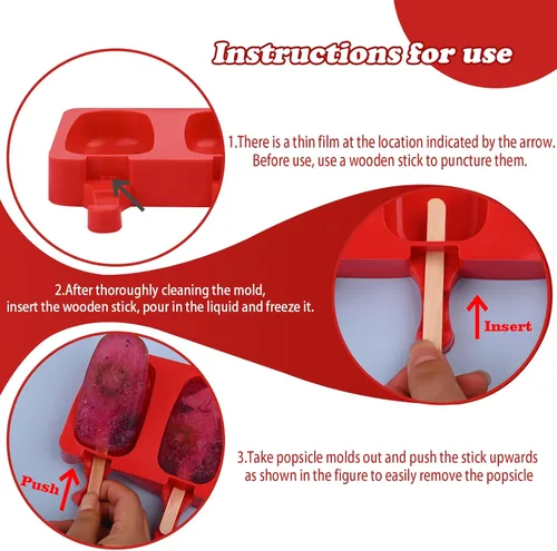 Miniatura 7 de WMKGG Juego de moldes de silicona para paletas, 2 moldes de helado con 50 palos de madera para cake pop, Ice Pop, Cakesicles (tamaño estándar/rojo)