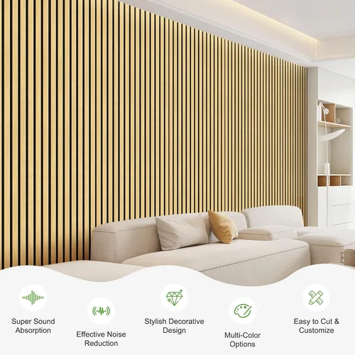Miniatura 2 de Paquete de 2 paneles de madera para pared, paneles acústicos de listones de madera de 48 x 24 pulgadas, paneles acústicos para decoración de paredes