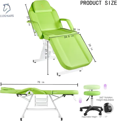 Miniatura 3 de Silla facial, silla de tatuaje, mesa de masaje de 73 pulgadas, cama de spa facial, cama de spa ajustable, equipo de salón de belleza facial Verde