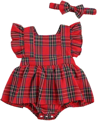 GuliriFei Mameluco de Navidad para bebés y niñas, vestido de body rojo a cuadros para niños pequeños, manga con volantes, traje de fiesta