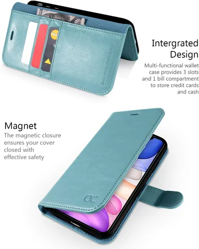 Miniatura 3 de OCASE Funda tipo cartera compatible con iPhone 11 con tarjetero y soporte para tarjetas, funda de piel sintética con función atril y cierre Verde