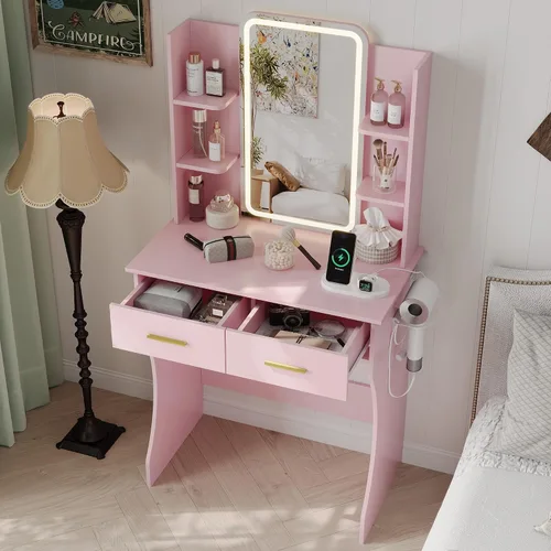 Miniatura 3 de HUANLEGO Pequeño escritorio de tocador con espejo y luces, escritorio de maquillaje rosa con espejo iluminado y toma de corriente, 3 luces