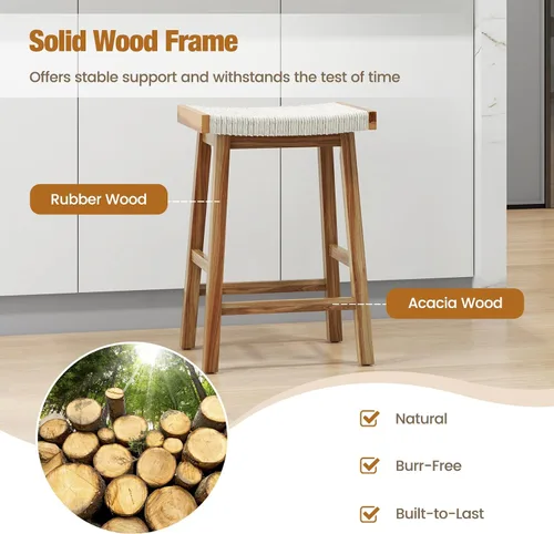 Miniatura 6 de COSTWAY Juego de 2 taburetes de comedor de 25.5 pulgadas de altura de mostrador con asiento tejido de algas marinas, madera de goma, marco de madera