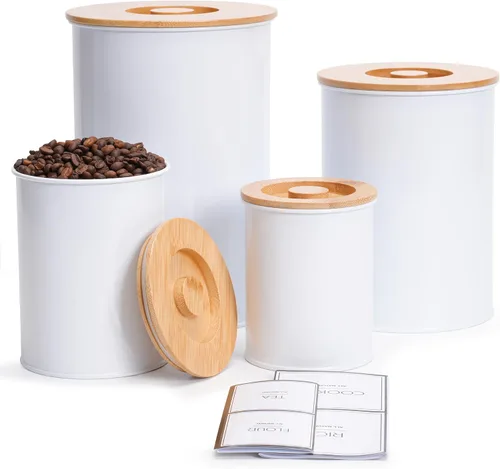 Juego de 4 recipientes para encimera de cocina, recipientes de cocina de metal blanco, recipientes de almacenamiento de harina y azúcar con tapa