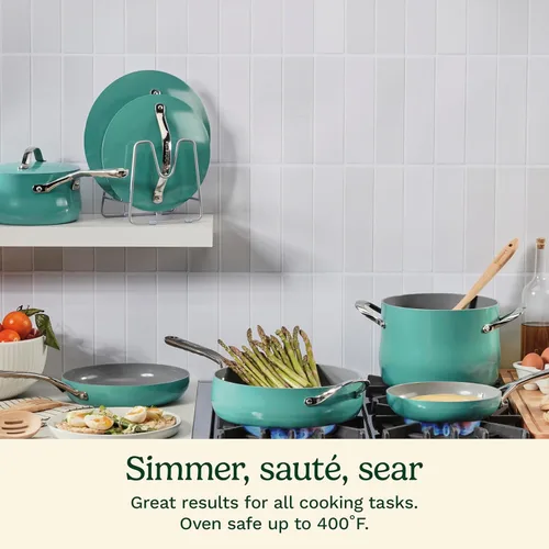 Miniatura 2 de Cuisinart Culinary Collection - Juego de ollas y sartenes de 12 piezas, antiadherente PURELYCERAMIC, color verde azulado