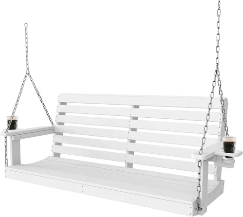 Miniatura 12 de Plawdlik Columpios de porche, silla de patio de 2 asientos con dos portavasos, banco impermeable de polietileno de alta densidad para patio