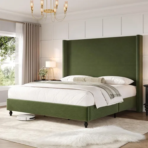 Miniatura 15 de AMERLIFE Base de cama tapizada tamaño Queen con cabecera de 50.8 pulgadas de alto, cama de plataforma con respaldo de alas con patas de madera