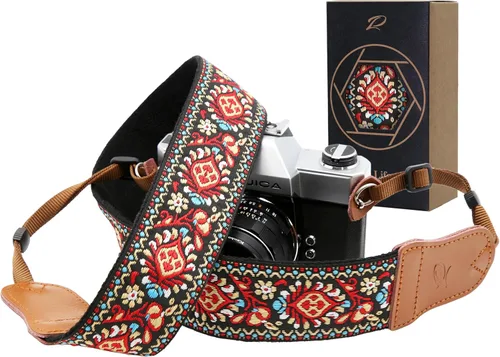 Miniatura 35 de Padwa Lifestyle Correa para cámara de flores marrones, correa de algodón de doble capa de piel de vaca de 2 pulgadas de ancho, bordado jacquard Flor