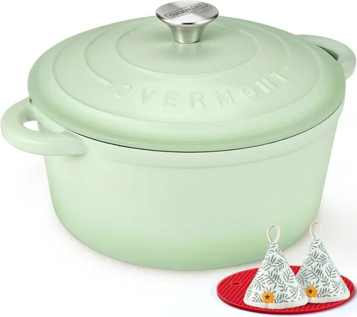 Miniatura 28 de Overmont Horno holandés de hierro fundido esmaltado, olla de 5.5 cuartos de galón con tapa de asas anchas, libro de cocina y agarraderas de algodón