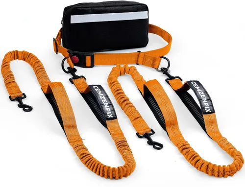 Miniatura 15 de Correa de perro manos libres con cinturón – Bungee sin tirones, asas acolchadas dobles y bolsa con cremallera para correr, caminar y entrenar