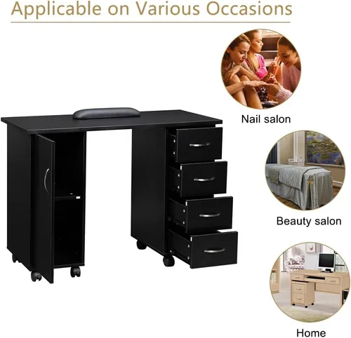 Miniatura 4 de Mesa de manicura con ruedas, estación de trabajo de salón de belleza moderna, mesa de arte de uñas con 4 cajones y gabinete grande para tecnología