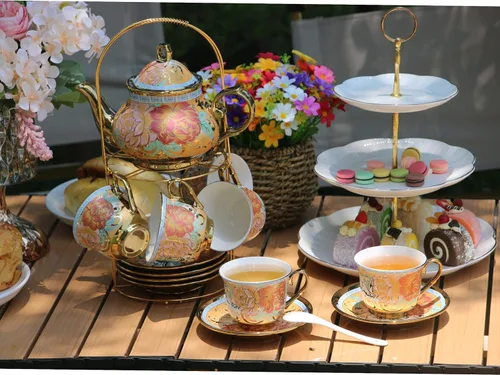 Miniatura 3 de Juego de té de porcelana de 20 piezas con soporte de metal, juego de té de cerámica europeo para adultos, juego de té de flores, juego de té