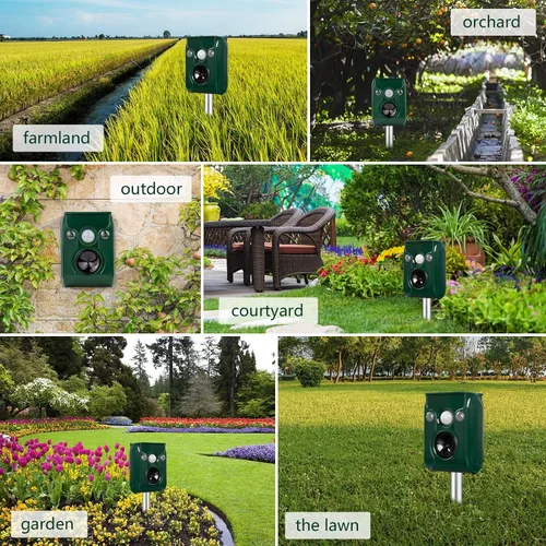 Miniatura 6 de Repelente solar de animales. Repelente ultrasónico de animales. Con luz LED intermitente y alarma para expulsar gatos, perros, ardillas, ciervos