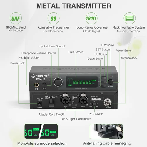 Miniatura 2 de Phenyx Pro UHF Stereo Wireless in Ear Monitor System, IEM inalámbrico, frecuencia seleccionable de banda de 900 MHz, montaje en rack, funcionamiento