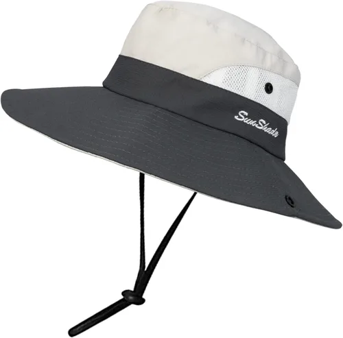 Miniatura 6 de Sombrero de sol de verano para mujer, cola de caballo – Protección UV de malla de ala ancha plegable con agujero para cola de caballo