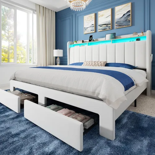 Miniatura 13 de Allewie - Base de cama con plataforma de tamaño Queen, tapizada, con cabecero acolchado con botones verticales, 2 niveles de almacenamiento con Gris