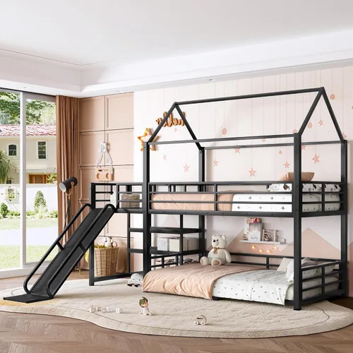 Miniatura 4 de Bellemave Litera individual sobre cama individual con tobogán, litera de piso para niños con escaleras de almacenamiento y barandilla de longitud