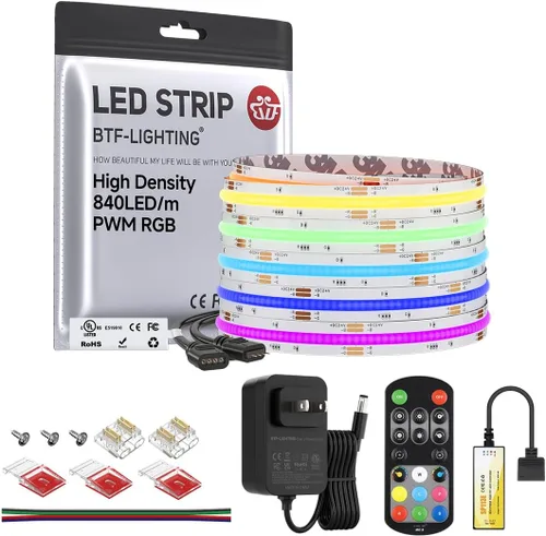 Miniatura 16 de BTF-LIGHTING FCOB COB - Tira de luz LED RGB con certificación UL, 810 LEDs/m de alta densidad flexible que cambia de color, DC12V 9.8 pies y 0.394