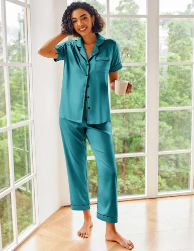 Miniatura 4 de Ekouaer Conjunto de pijama de satén de seda para mujer, ropa de dormir de manga corta, suave y con botones