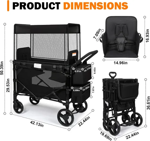 Miniatura 6 de Cochecito para 2 niños, asiento alto y arnés de 5 puntos, carro plegable todo terreno para niños pequeños con toldo, organizador para padres, bolsa