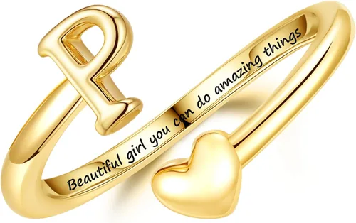 Miniatura 21 de Turandoss Regalos para el día de San Valentín para adolescentes, anillos de oro para niños, chapados en oro de 14 quilates con inicial para letra A