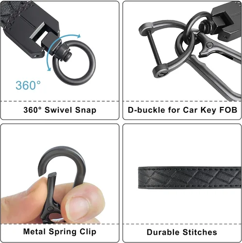 Miniatura 2 de OHKYOOT Llavero de cuero para muñeca, llavero de coche con 3 llaveros y anillo anti-pérdida (Negro)