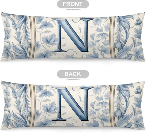 Miniatura 3 de Funda de almohada con monograma rústico de color azul suave con inicial N Body de 20 x 54 pulgadas, funda de almohada floral personalizada