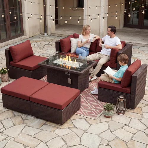 Miniatura 38 de NICESOUL Juego de muebles de patio para exteriores de 7 piezas con mesa para hoguera, gas natural y propano convertible, respaldo alto de 29.3