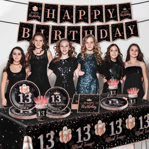 Miniatura 6 de 142 piezas de vajilla de cumpleaños de 13 años para niñas, suministros de fiesta de cumpleaños de color oro rosa para ella, mantel desechable