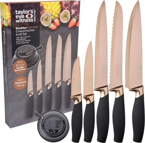 Miniatura 11 de Juego de 3 cuchillos de cocina de regalo - Brooklyn por Taylors Eye Witness. Refuerzos de color oro rosa, hojas afiladas como navajas finamente