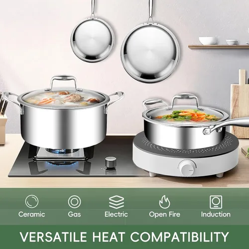 Miniatura 4 de Juego de 11 piezas de ollas y sartenes, juego de utensilios de cocina de acero inoxidable 18/10, compatible con inducción, revestimiento libre