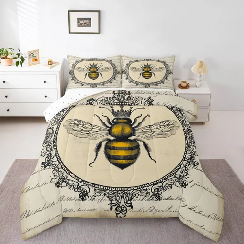 Miniatura 9 de Erosebridal Honey Bee - Juego de edredón tamaño individual, color negro y dorado, juego de edredón de animales lindos con diseño geométrico de panal