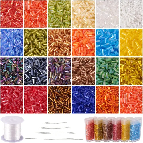 Craftdady 6400 cuentas de cristal de 24 colores de semillas de corneta de 4.6 a 0.197 in, cuentas sueltas de pony con 4 agujas de cuentas de ojo