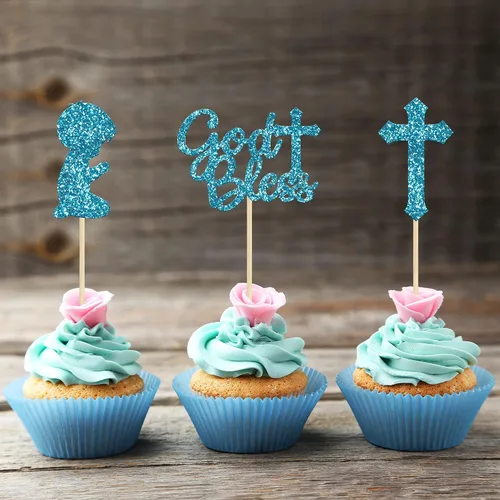 Miniatura 4 de Gyufise 24 piezas de decoración de cupcakes con purpurina azul que Dios bendiga y cruz, decoración de pastel para baby shower, bautismo, fiesta