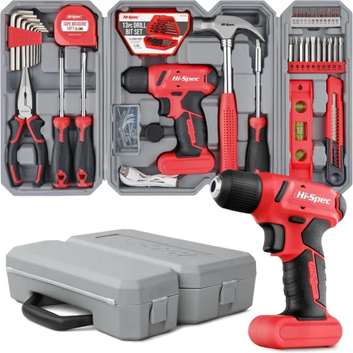 Miniatura 10 de Hi-Spec Juego de herramientas con taladro inalámbrico de 8 V. Kit completo de herramientas de bricolaje con taladro eléctrico recargable por USB Rojo