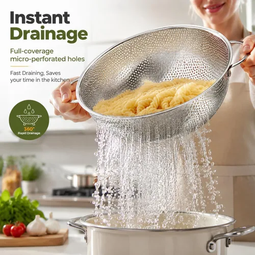 Miniatura 4 de TeamFar Colador de 3 coladores de acero inoxidable perforado con asas para espaguetis, pasta, bayas, libre de óxido y apto para lavavajillas, 1/3/5