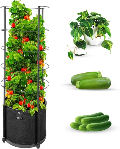 Miniatura 6 de Outland Living Maceta grande para tomates con enrejado de metal de 68 pulgadas, maceta de tela de 20 galones con drenaje, jaulas altas para trepar